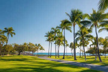 tropical paradise in hawaii with palm trees swaying against ultrabright blue sky