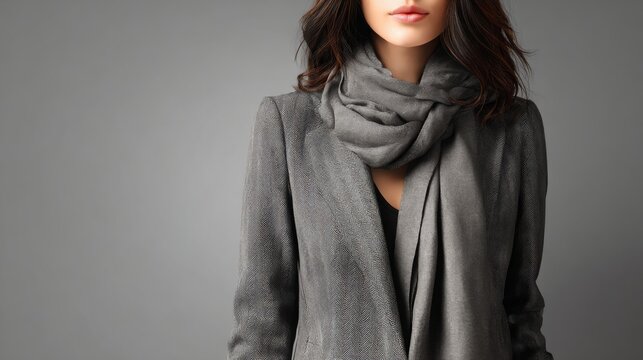 Model showcases elegant gray attire with a stylish scarf in a minimalist studio setting to highlight fashion trends
