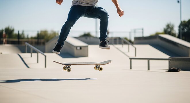 Skater in Mid-Air at Skatepark: Young Person Performing Trick on Skateboard with Bright Sky Background on a Sunny Day