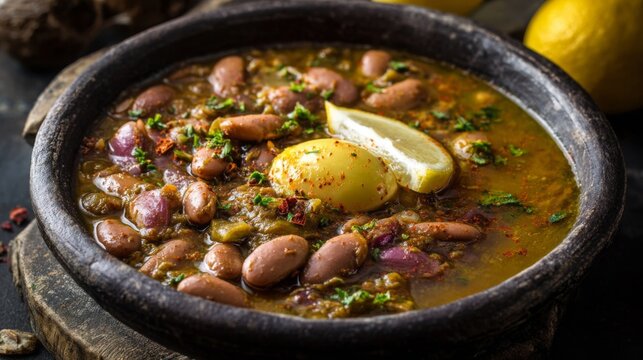 Savory lentil stew with colorful beans and spices served in a traditional bowl at a cozy kitchen setting
