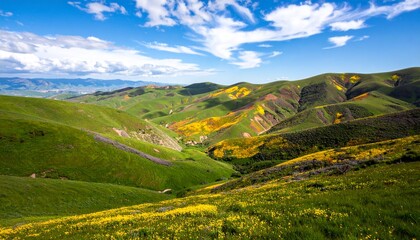 Obraz premium Vibrant Yellow Wildflowers Blanketing Rolling Green Hills Under a Bright Blue Sky