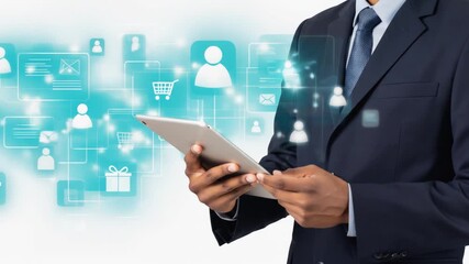 Business professional using a tablet with digital icons representing communication and commerce