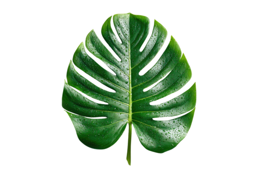 Close-up of a vibrant, deep green monstera leaf,  showing intricate,  lobed  veins,  and water droplets