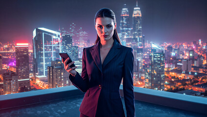 A stylish businesswoman in a suit uses her smartphone on a city rooftop at night.