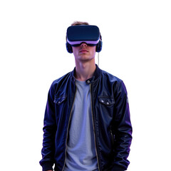 Fototapeta premium Young Person Engaging with Virtual Reality Headset in Dark Setting