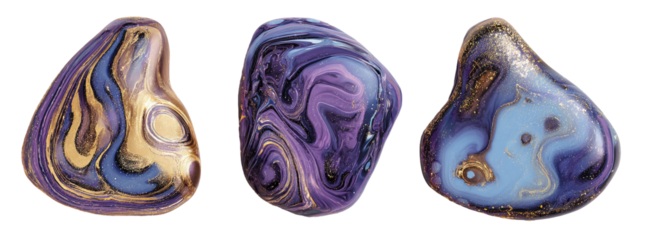 Abstract pear-shaped forms with swirling marbled patterns in gold, purple, and blue
