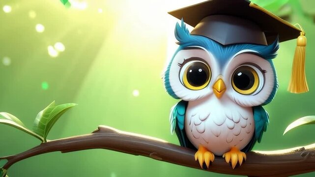 A cute owl wearing a graduation cap is perched on a tree branch. Concept of accomplishment and education, as the owl is dressed in a graduation cap