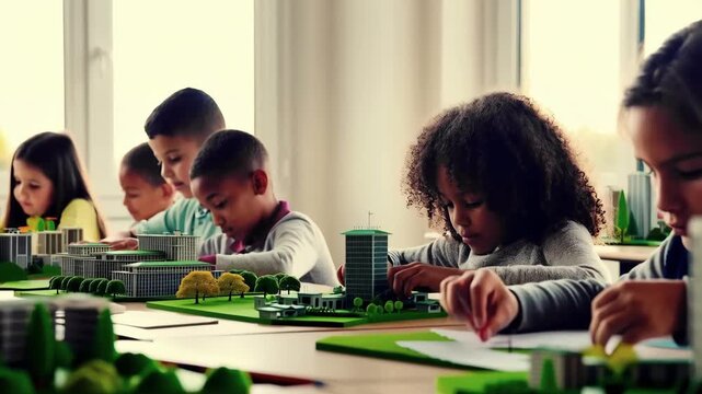 Children work on projects in bright classroom with plenty of natural light, There are mock-ups of houses and city street with parks on tables. group of children participates in educational activities