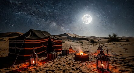Enchanting Desert Night Scene with Traditional Tent, Campfire, and Full Moon under Starry Sky