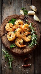 Fototapeta premium Platter of crunchy shrimp adorned with rosemary and garlic on a rustic wooden surface