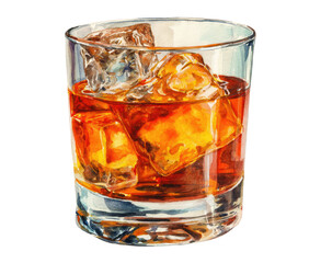 A glass of amber whiskey with ice.  Detailed illustration, showcasing the liquid's rich color and the ice cubes within