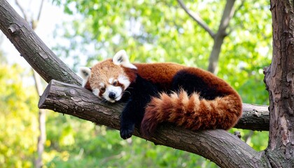Red Panda Napping Comfortably on a Tree Branch, Captured in a Wildlife Habitat