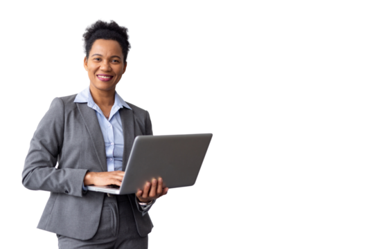 Professional female smiling while working on laptop, transparent backdrop highlighting digital workplace connectivity and flexibility
