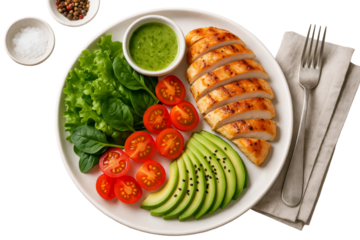 Grilled chicken breast slices resting on crisp greens, paired with creamy avocado, ripe tomatoes, and zesty green sauce against transparent backdrop