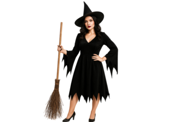Young woman dressed as witch, gripping vintage broom, wearing elaborate costume, displaying confident halloween spirit against clean transparent backdrop