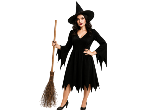 Young woman dressed as witch, gripping vintage broom, wearing elaborate costume, displaying confident halloween spirit against clean transparent backdrop