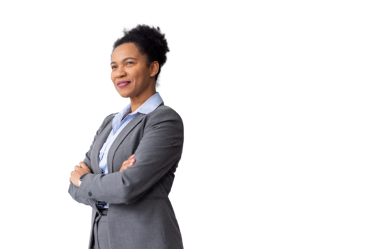 Professional businesswoman standing confidently with crossed arms, radiating success on clean transparent backdrop for corporate design needs