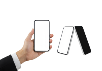 Hand holds sleek unbranded smartphone, blank screen, second phone stands on transparent background, copy space. Digital readiness and innovation concept.