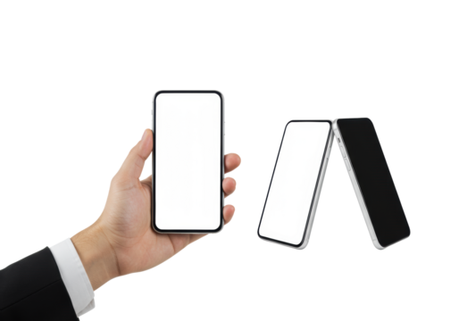 Hand holds sleek unbranded smartphone, blank screen, second phone stands on transparent background, copy space. Digital readiness and innovation concept.