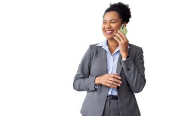 Professional businesswoman talking on smartphone, wearing tailored suit against transparent backdrop