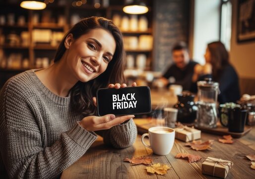 Smiling woman holding black friday message on phone at cozy cafe with friends