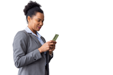 Smiling businesswoman using smartphone on transparent background, ideal for easy integration into any design project