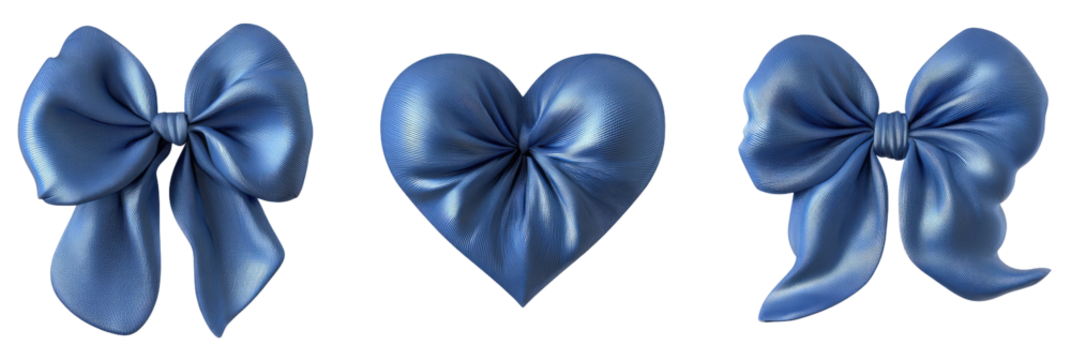 Three stylized,  blue satin bows, one heart-shaped