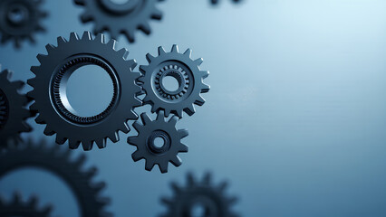 Minimalist gears mechanism on blue gradient background, symbolizing teamwork and collaboration