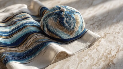 Handcrafted blue and white kippah resting on a striped cloth in bright sunlight