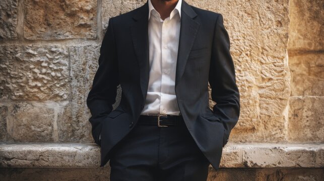 Business professional dressed in formal suit stands confidently against textured stone wall outdoors