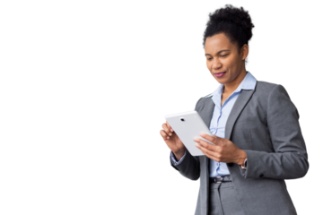 Confident businesswoman using digital tablet, navigating online resources, managing business projects, transparent background