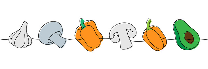 Garlic bulb, mushroom, bell pepper, avocado one line colored continuous drawing. Fresh organic vegetables. Vector illustration
