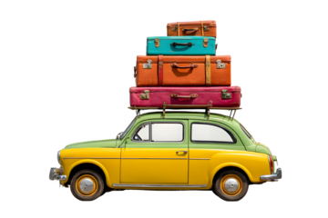 Vintage car loaded with colorful luggage isolated on transparent background