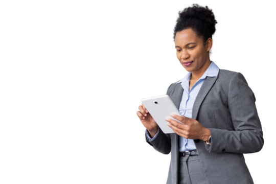 Confident businesswoman using digital tablet, navigating online resources, managing business projects, transparent background