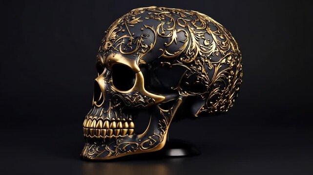 Ornamental Skull Black skull with elaborate gold filigree patterns on a dark background. Skull shows teeth and eye sockets