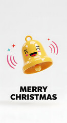 Fototapeta premium Whimsical yellow christmas bell with a happy face rings merrily with sound waves and stars against a clean white background