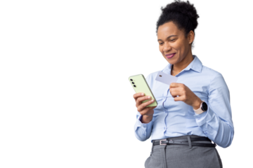 Professional businesswoman smiling, using smartphone while holding credit card for digital payment, white background
