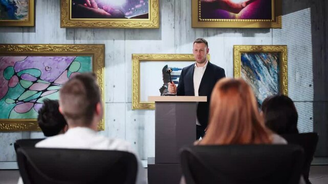 Art Auction Event. Abstract Artwork Paintings