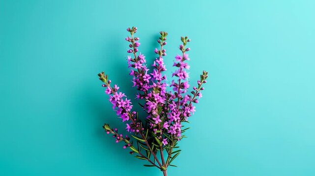 Elegant Purple Heather Flower on Turquoise Background with Natural Light and a Flat Lay Minimalist Aesthetic