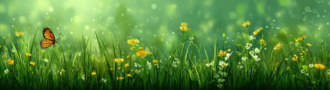 Fototapeta Butterfly in Emerald Meadow: An enchanting image of a butterfly gracefully dances above a meadow, filled with the lively colors of wildflowers and lush green grass.