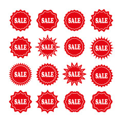 Sale price stickers. Red tag product labels. Star burst boxes. Discount promo stamps. Circle, round splash badges. Set starburst shapes. Vector illustration.
