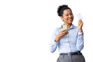 Happy businesswoman using her smartphone and credit card for online shopping, enjoying easy and secure mobile payment