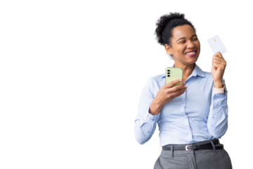 Happy businesswoman using her smartphone and credit card for online shopping, enjoying easy and secure mobile payment