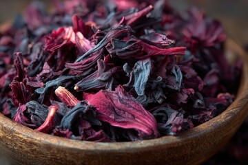 Hibiscus in Wooden Bowl: A close-up shot reveals a heap of vibrant hibiscus petals, nestled in a rustic wooden bowl. The rich.