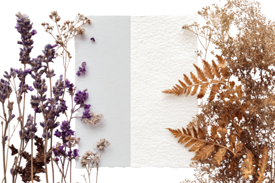 Dried lavender and ferns arranged on a blank page