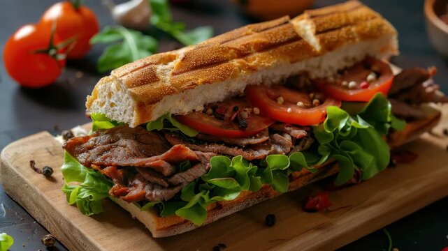 A delicious looking sandwich with roast beef, tomato and lettuce on a ciabatta bun, garnished with herbs and sesame seeds.