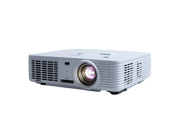 White digital projector with glowing lens isolated on transparent background