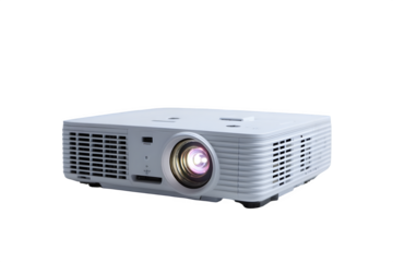 White digital projector with glowing lens isolated on transparent background