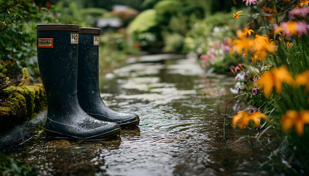 Black rubber boots stand in a puddle in the garden - Powered by Adobe