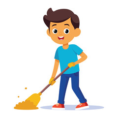 A happy young boy with dark hair wearing a blue t shirt and jeans is enthusiastically sweeping the floor with a yellow broom and dustpan